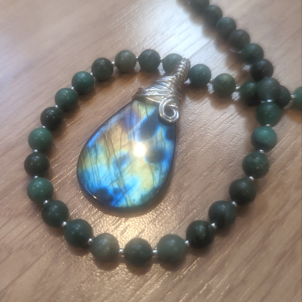 FINAL PRICE Silver Wrapped Labradorite Teardrop African Green Jade Necklace